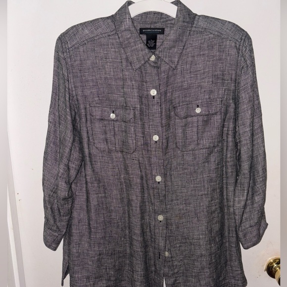 GoodClothes Collection linen button down ladies top grey and black. Versatile. - Picture 1 of 6